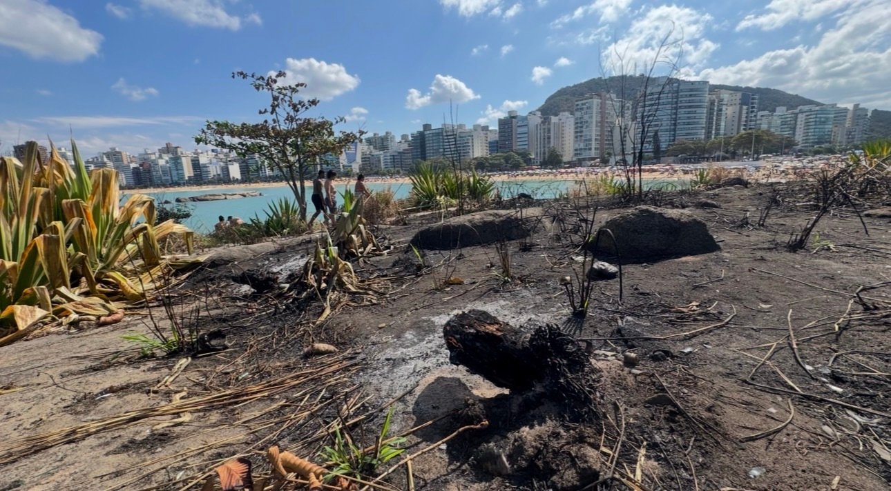 Vegetação queimada e lixo chamam atenção na Pedra da Sereia, em Vila Velha